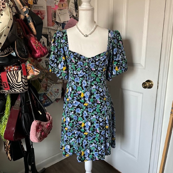 Astr Blue and Green Puff Sleeve Mini Dress Medium - Picture 2 of 5